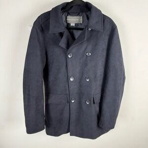 French Connection Peacoat Mens M Navy Wool Blend Double Breasted Coat Classic